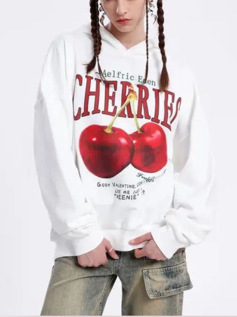 Aelfric Eden White Hoodie with Red Cherry Graphic